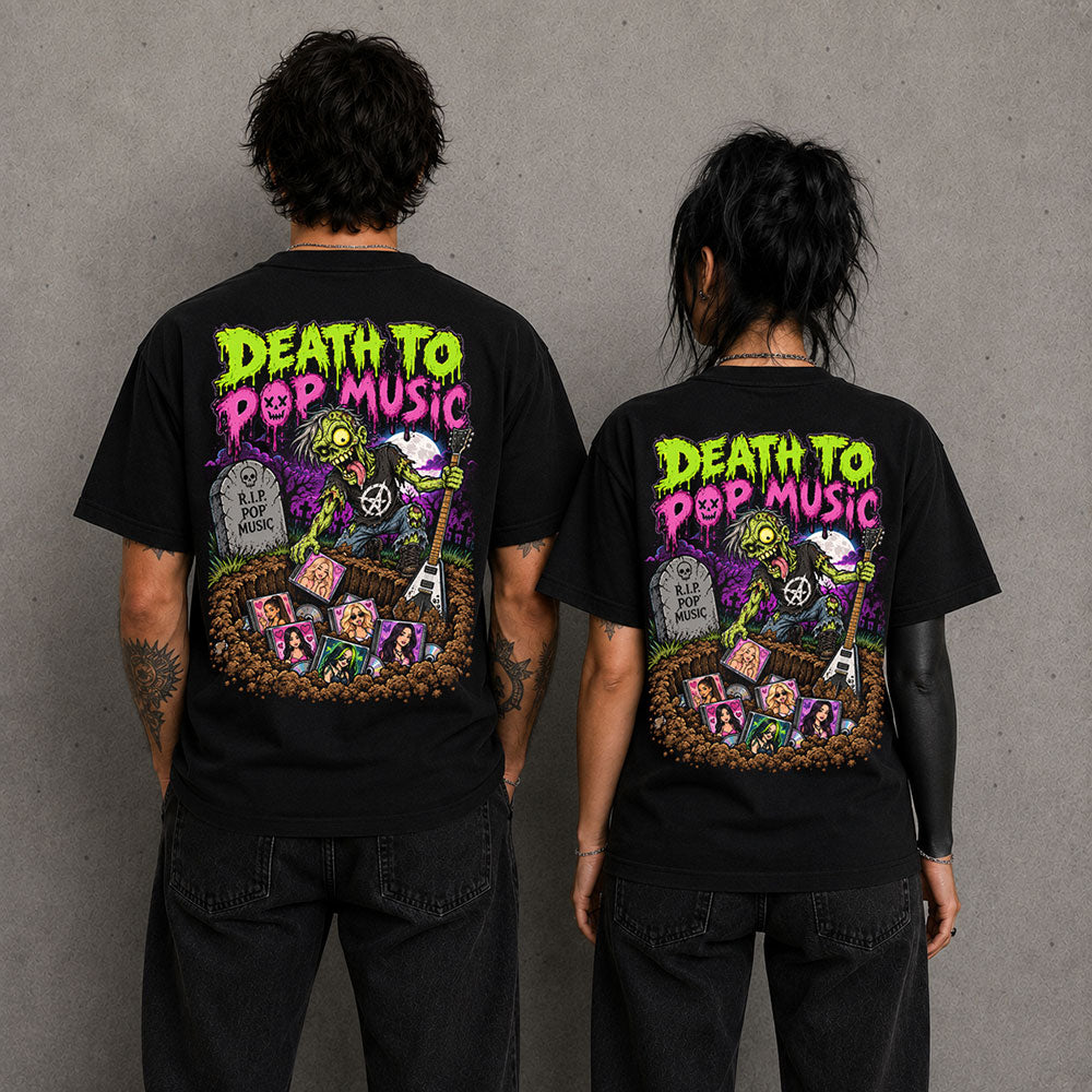 Death To Pop Music! Funny Graphic Black Unisex T-Shirt