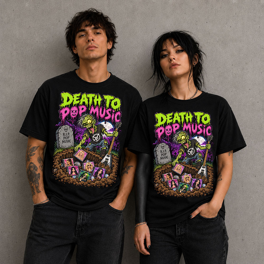 Death To Pop Music! Funny Graphic Black Unisex T-Shirt